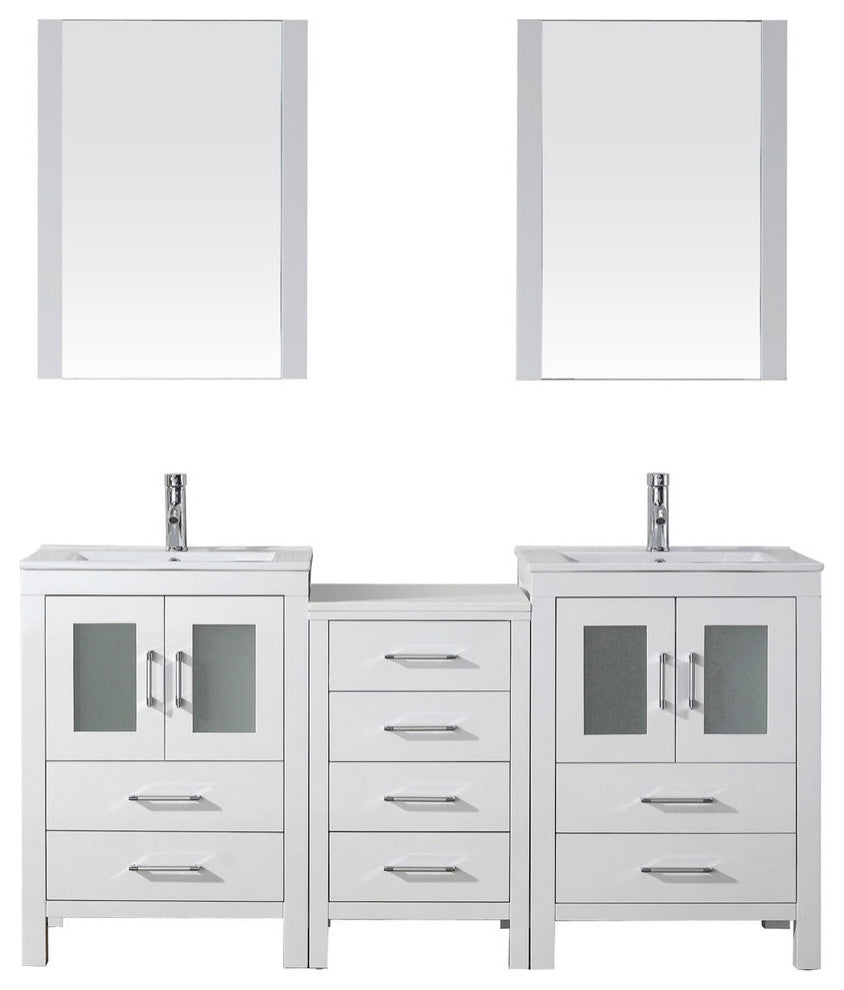 Virtu Dior 66" Double Bathroom Vanity, White, Polished Chrome Faucet, Mirrors