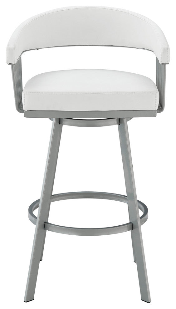 30" Mod White Faux Leather Silver Finish Swivel Bar Stool