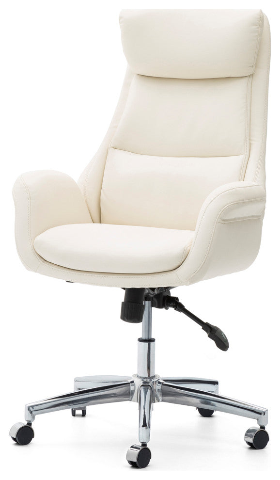 Mid-Century Leatherette Adjustable Swivel High Back Office Chair, Cream White