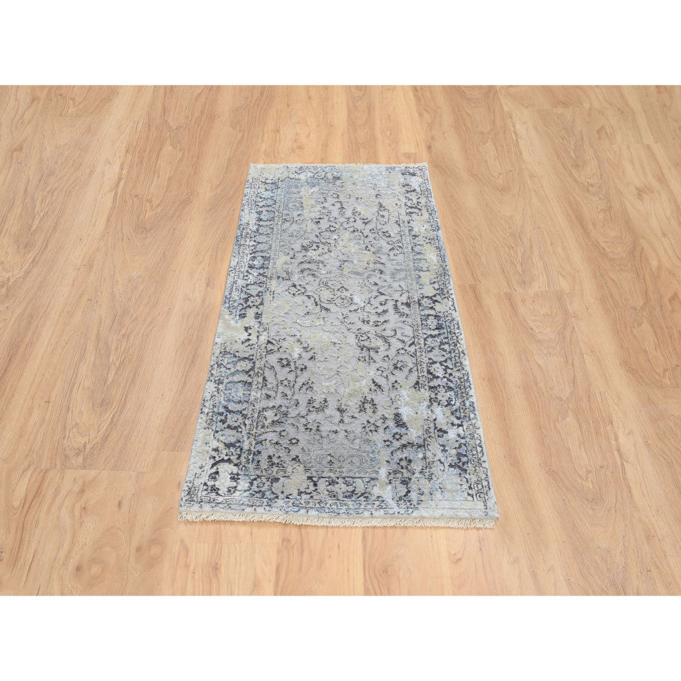 Gray, Hand Knotted Broken Kashan Design, Wool With Silk, Runner Rug, 2'6"x6'1"