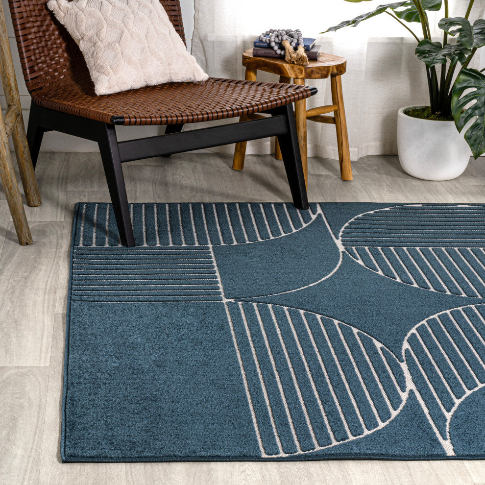 High-Low Arch Scandi Striped Navy/Cream 3 ft x 5 ft Indoor/Outdoor Area Rug