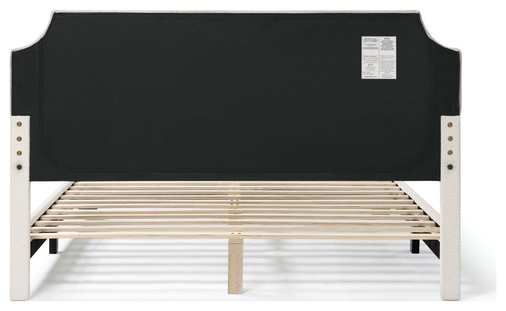 Miles White Boucle Upholstered Wood Frame Platform Bed, Queen, Naihead Trim