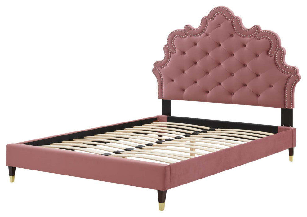 Tufted Platform Bed Frame, Queen Size, Velvet, Pink, Modern Contemporary