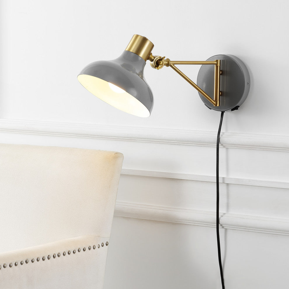Lynn Swing Arm 1-Light Modern Midcentury Iron USB Charging Port LED Sconce, Gray
