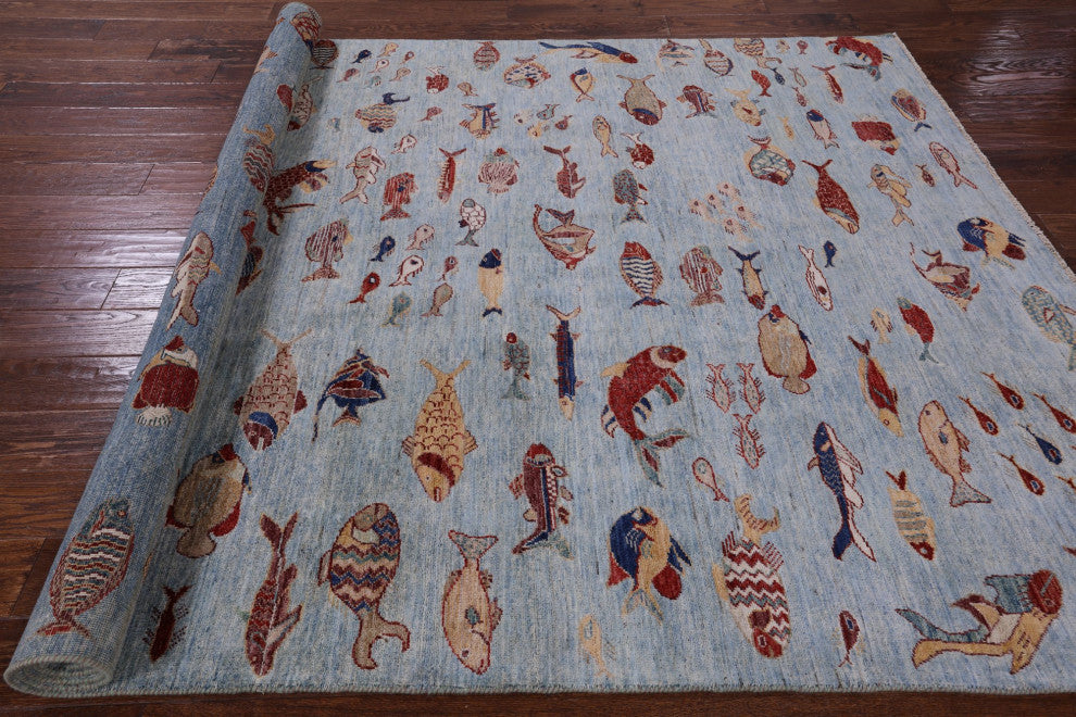 Fish Design Gabbeh Hand Knotted Wool Rug 6' 2" X 9' 7" Q8327