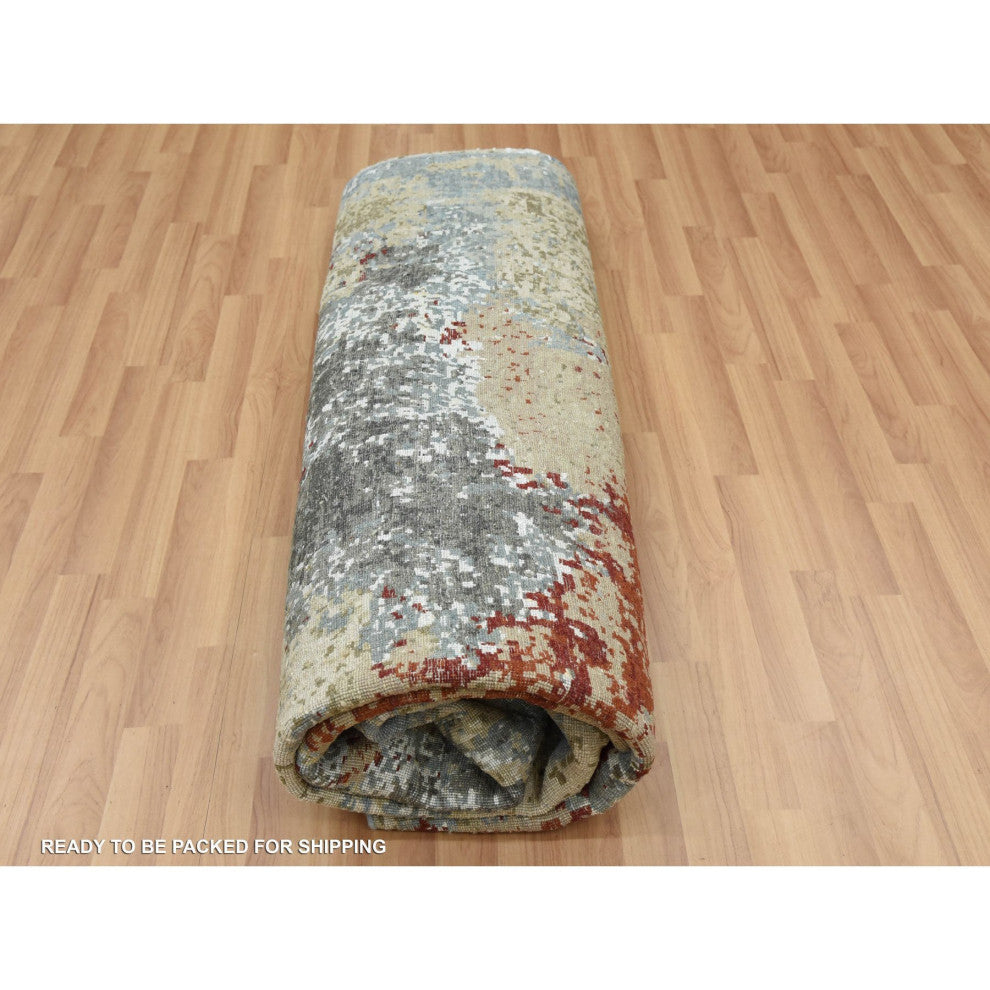 Parchment Color, Hand Knotted Abstract Design, Soft Wool Square Rug, 8'0"x8'5"