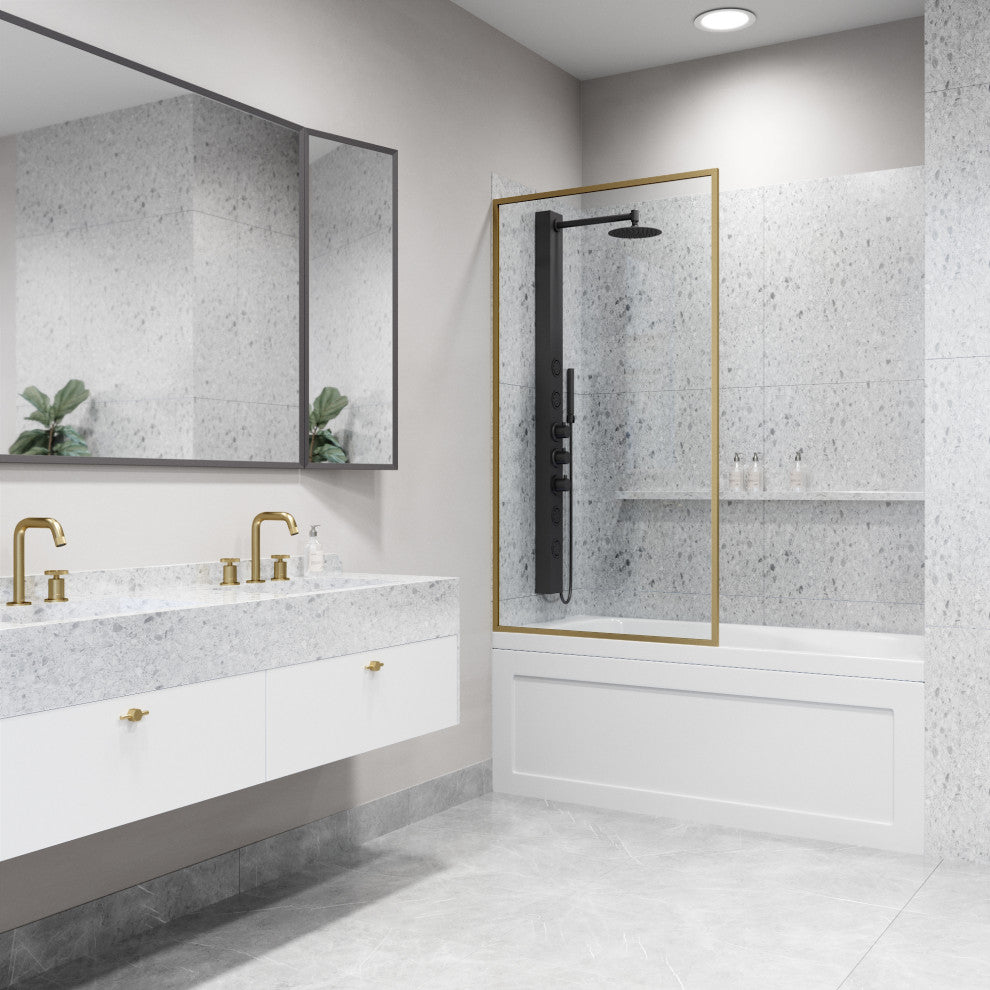 VIGO Meridian Framed Fixed, Matte Brushed Gold, Tub Screen, 34" W X 62" H, Clear Glass