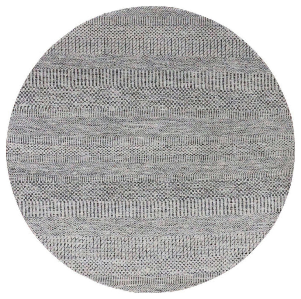 Pastel Gray Natural Undyed Wool Grass Design Hand Knotted Round Rug 4'9"x4'10"