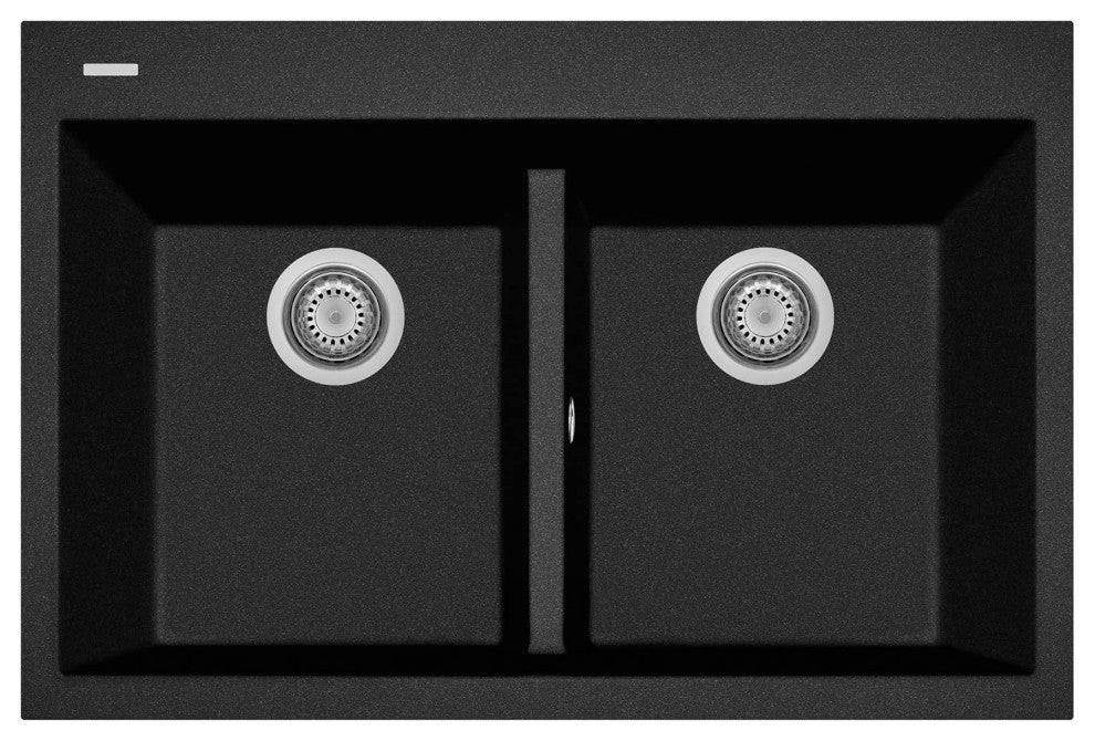 One Series 33" Drop-In Double-Bowl Granite Sink, Black Metallic, Drop-in