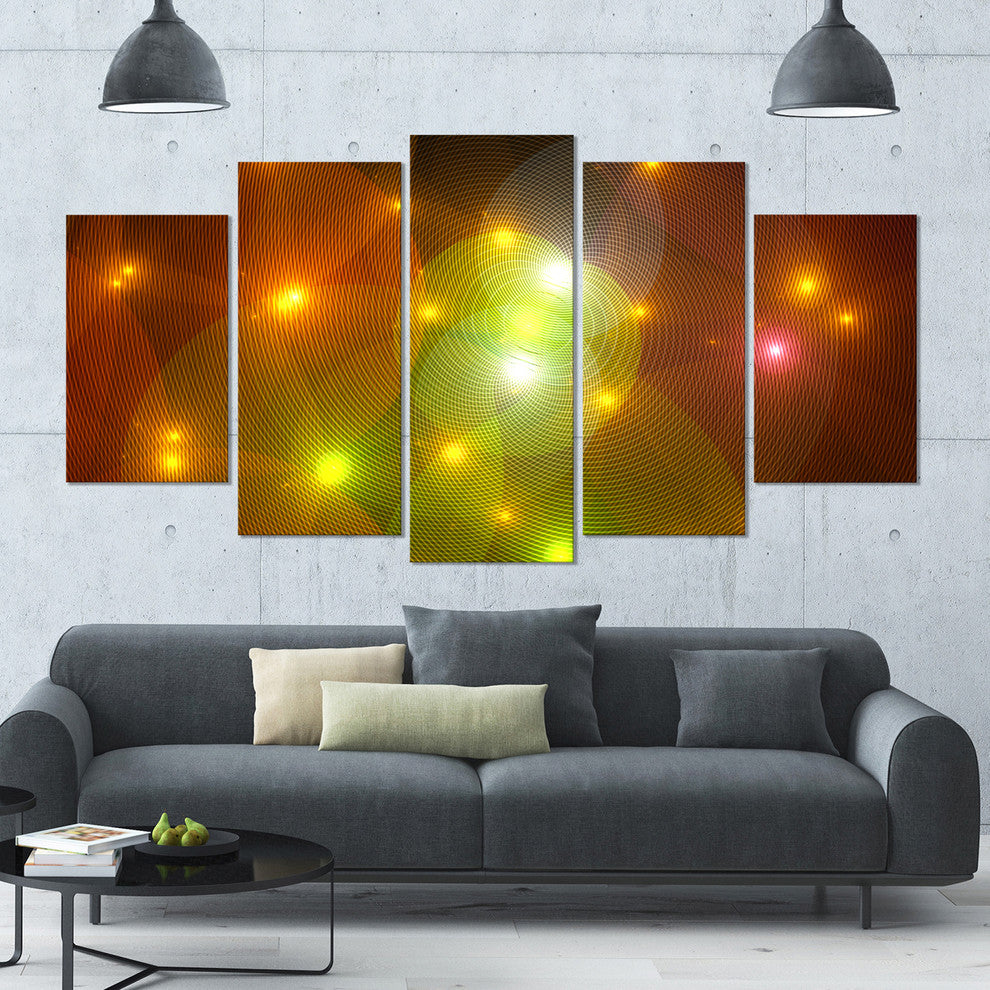 Golden Fractal Lights in Fog, Contemporary Wall Art Canvas, 60"x32", 5 Panels