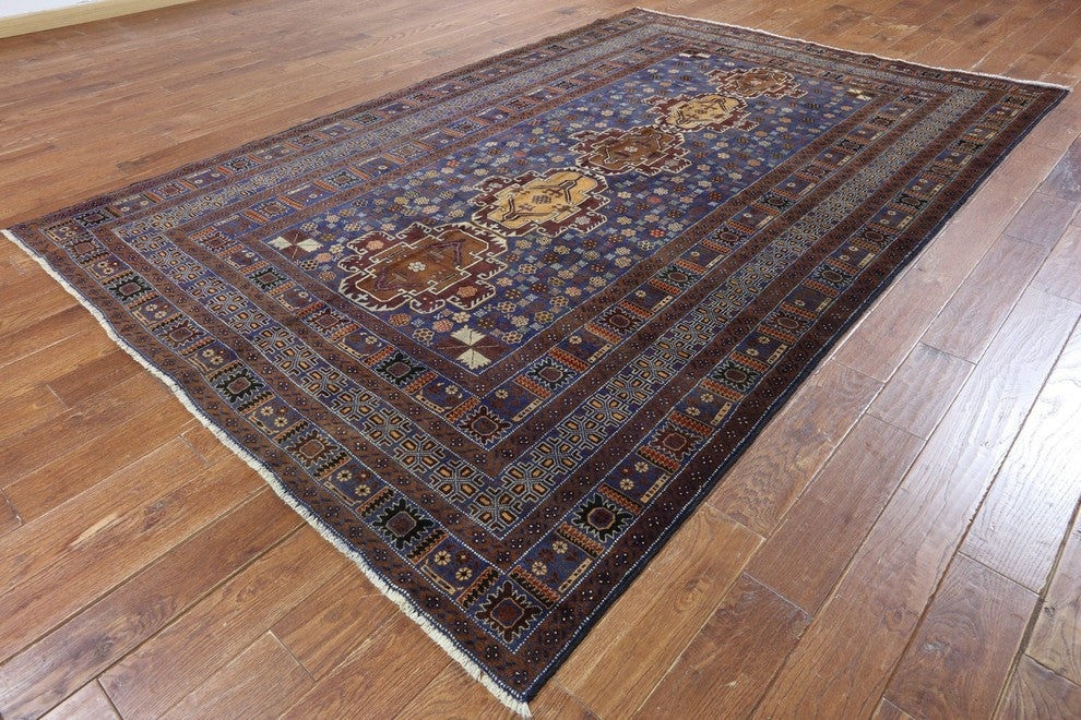 Balouch Tribal Blue Afghan Hand-Knotted Wool Rug, 7'x11'
