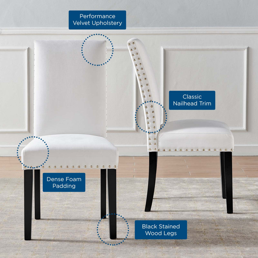 Side Dining Chair, Set of 2, Velvet, Wood, White, Modern, Cafe Bistro Restaurant