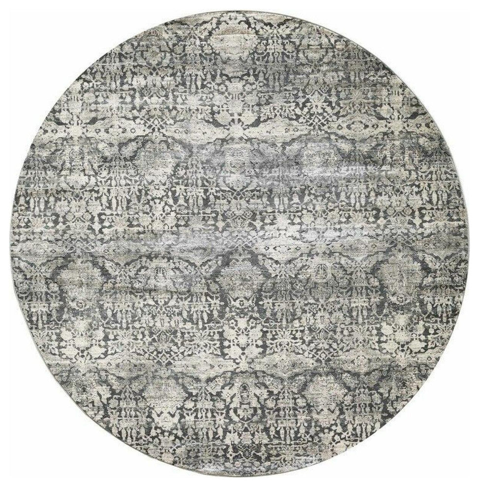 8' Grey Machine Woven Traditional Round Indoor Area Rug