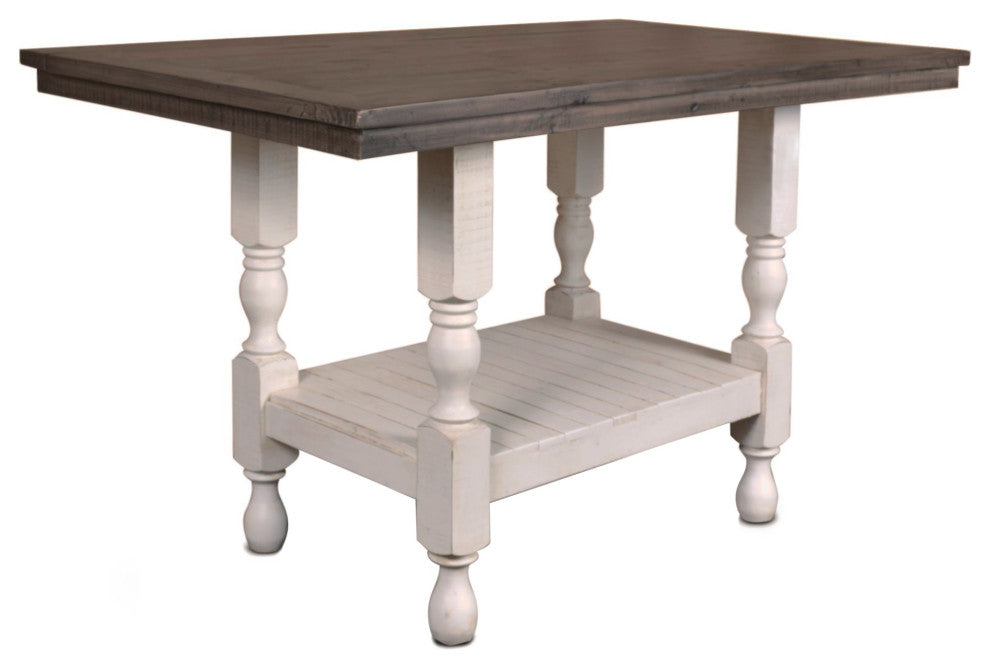 60" Dining Table Pub High Top Distressed White And Brown Solid Wood