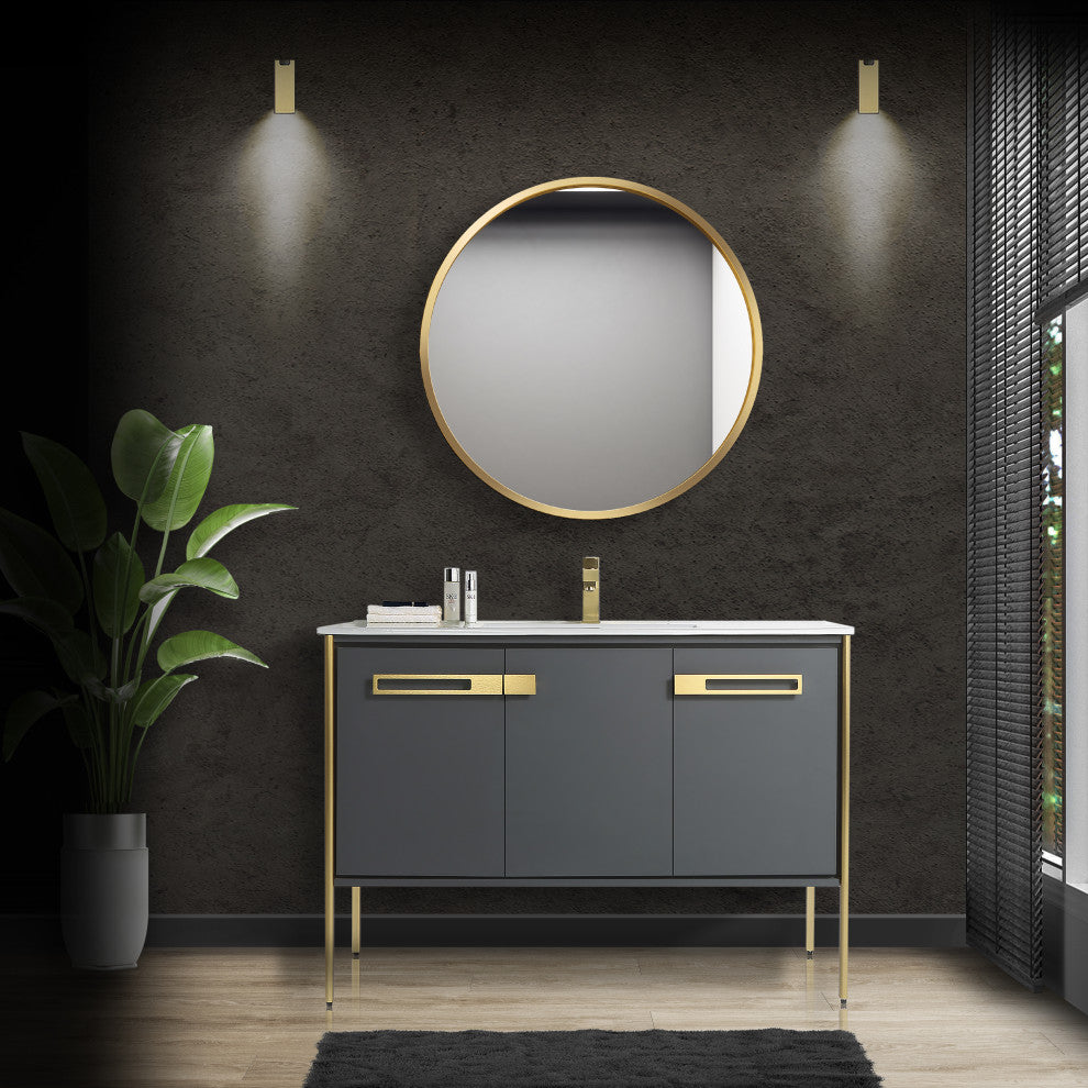 Oakville Bath Vanity, Ceramic Sink, Onix Grey, 42 Inch, Satin Brass Hardware