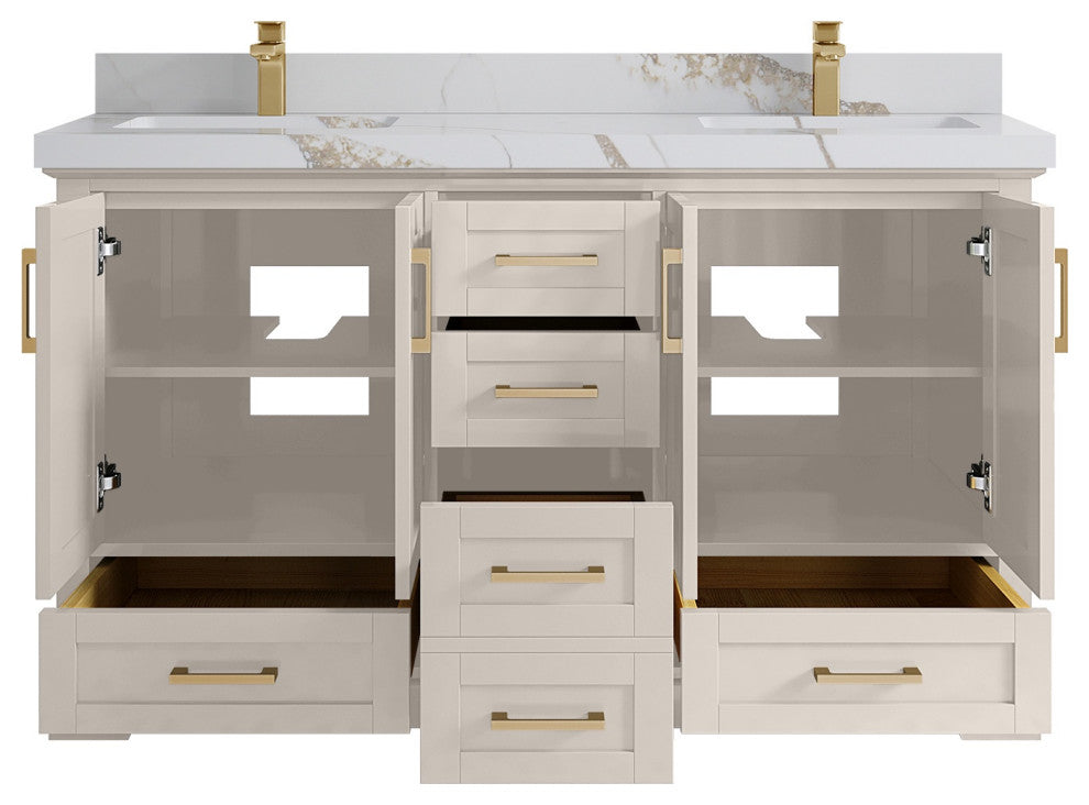 Boston 60" Double Bathroom Vanity in Fine Grain 2" Calacatta Gold