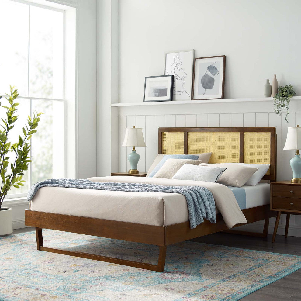 Platform Bed Frame, King Size, Wood, Brown Walnut, Modern Mid-Century, Bedroom