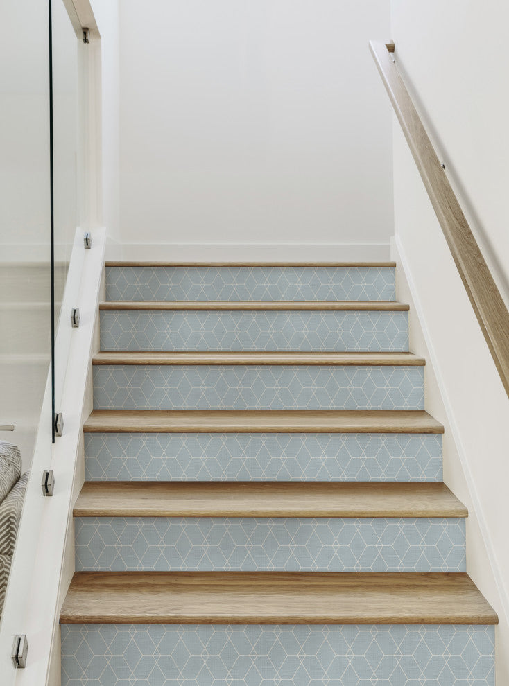 Hexagon Geometric Art Deco Lines Peel and Stick Stair Riser Strips, Light Blue, 48"w X 6"h, 6 Pack