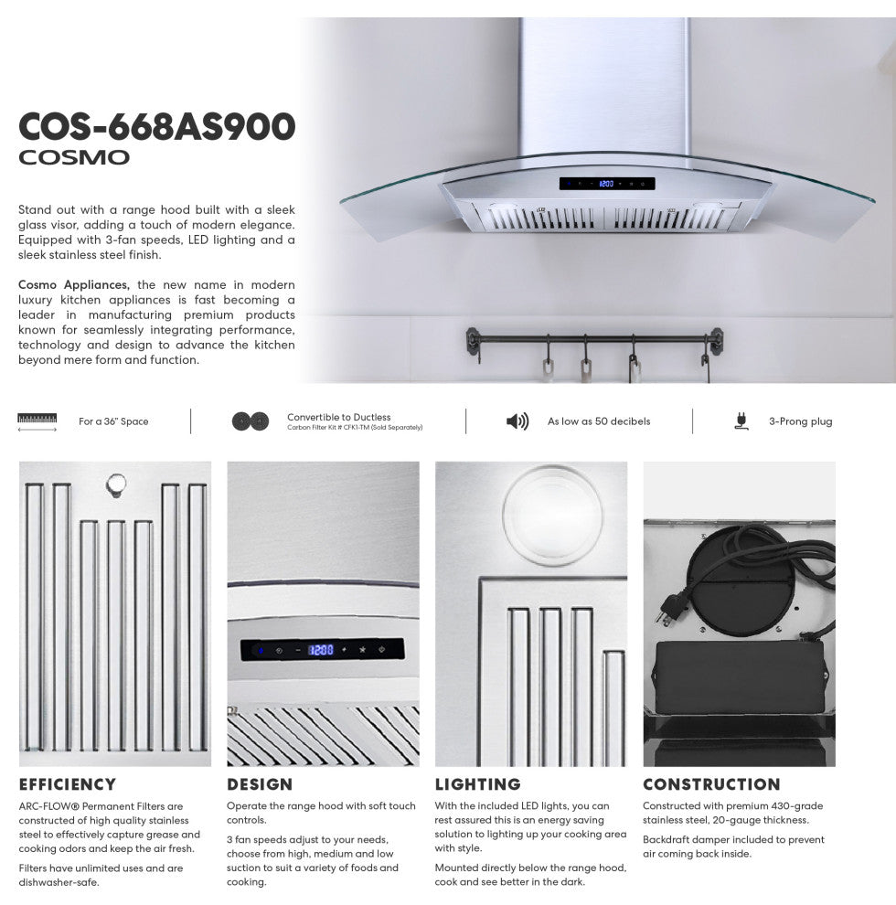 Cosmo 380 CFM Wall Mount Range Hood With Touch Controls, Stainless Steel, 36"