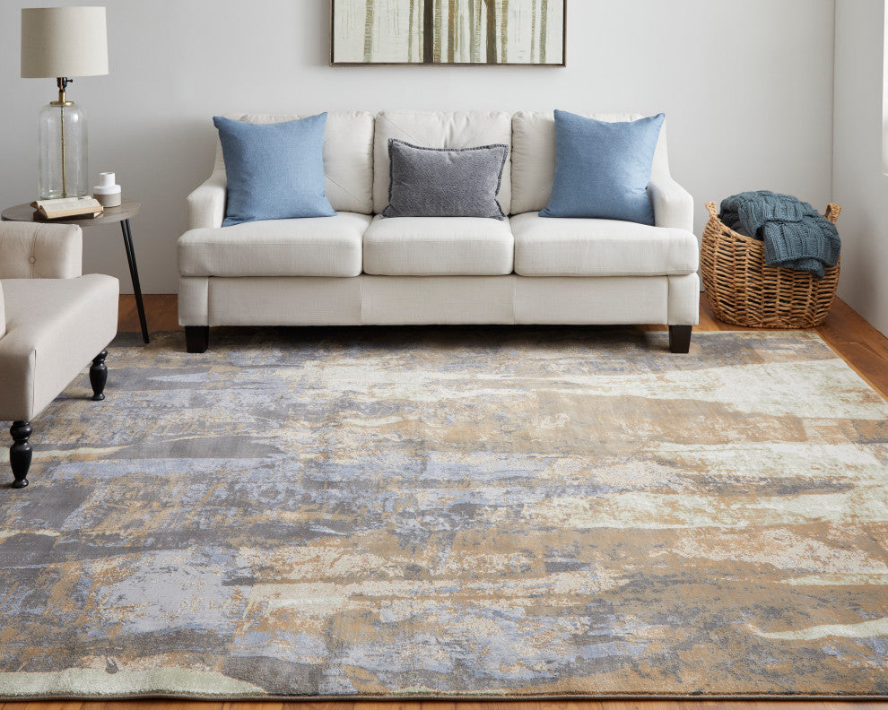 Takara Modern Abstract, Brown/Blue/Ivory, 5'x7'6" Area Rug