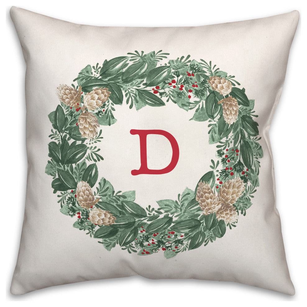 Christmas Wreath Monogram D 18x18 Spun Poly Pillow