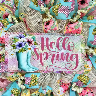 Hello Spring Floral Rain boots Pastel Wreath Handmade Deco Mesh