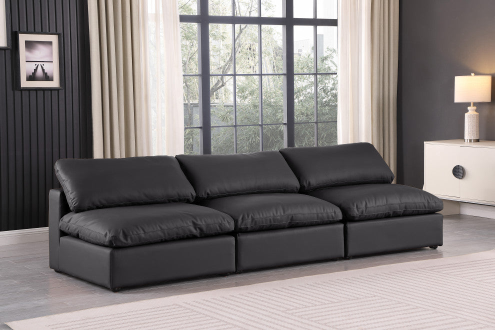 Comfy Upholstered Modular Sofa, Black, 3-Piece: 3 Armless Chair, Vegan Leather