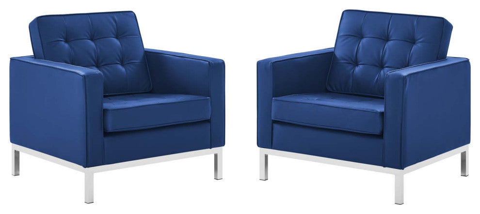 Tufted Armchair Accent Chair, Set of 2, Faux Leather, Silver Blue Navy, Modern