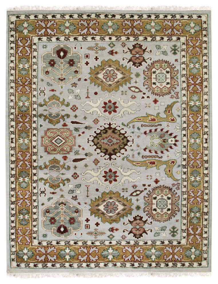Hand-Knotted Wool Gray/Gold Traditional All Over Traditional Knot Rug, 7'6x9'6