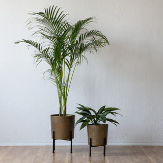 Metal Planters With Stand, 2-Piece Set, Antique Gold