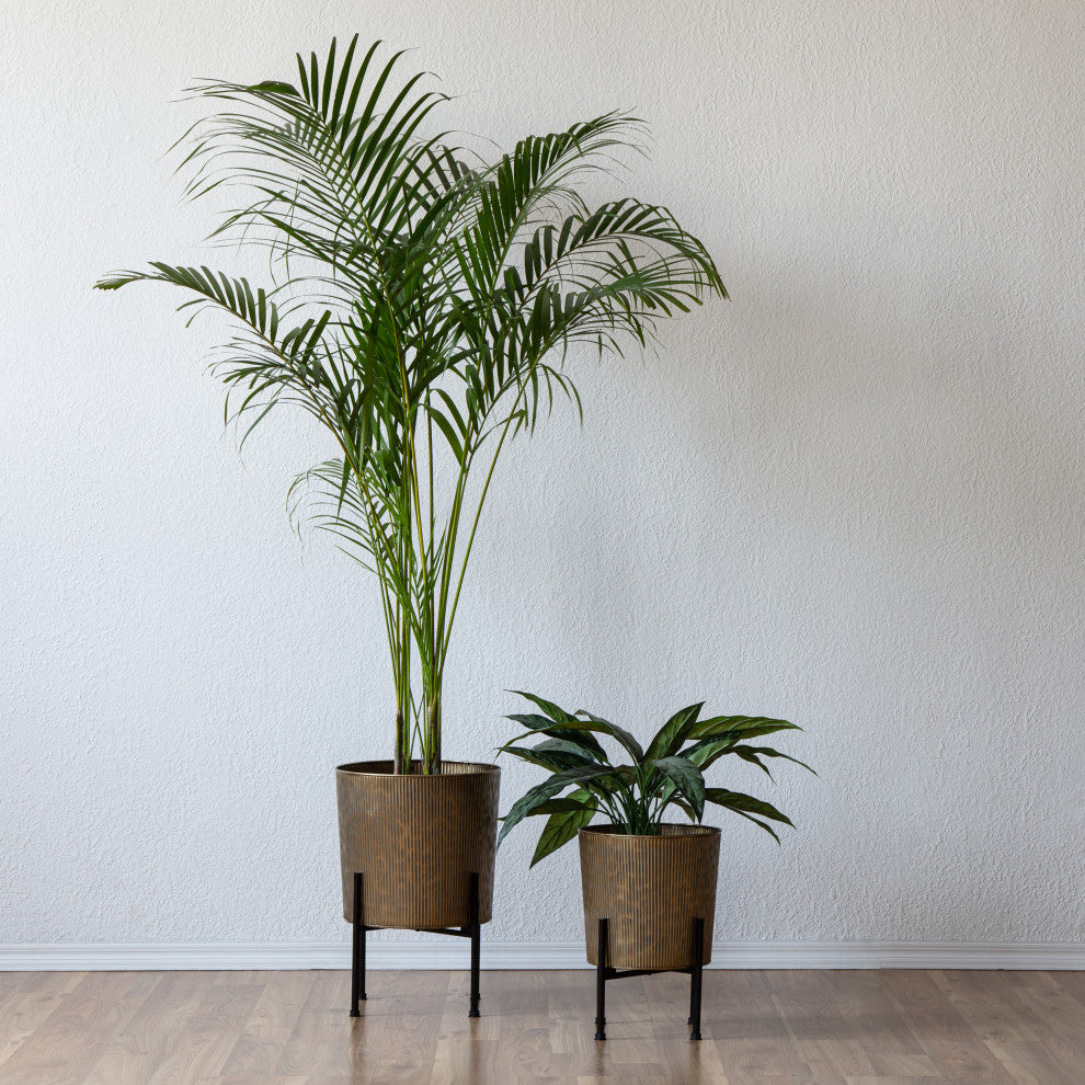 Metal Planters With Stand, 2-Piece Set, Antique Gold