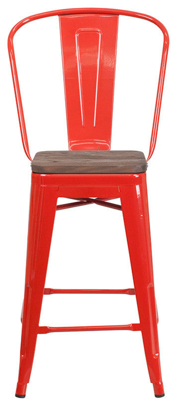 24" High Red Metal Counter Height Stool With Back and Wood Seat