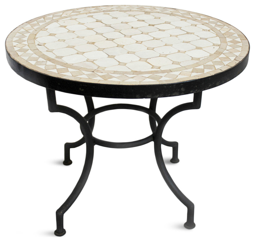 Outdoor Beige & White Round Mosaic Side Table