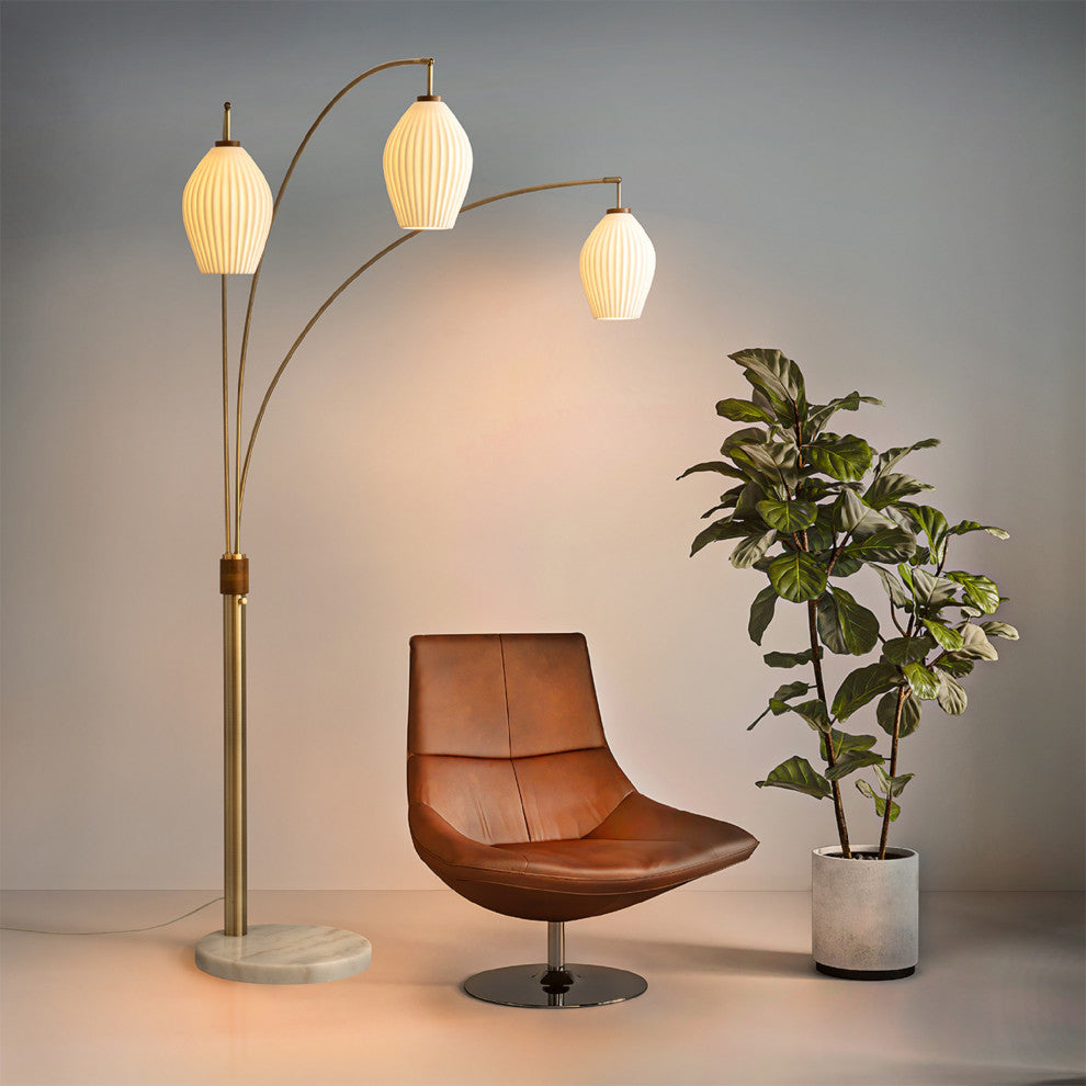 Santa Clara Bone Porcelain 3 Light Arc Floor Lamp -85", Weathered Brass & Walnut