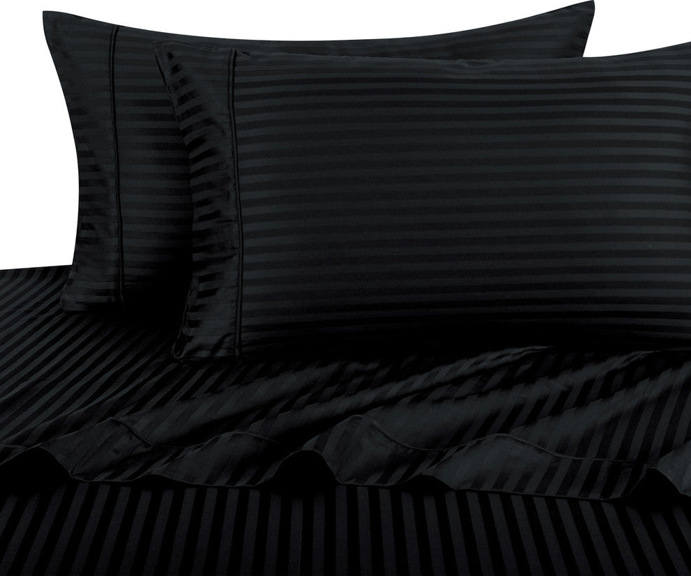 300 TC 100% Cotton Damask Stripe Sheet Set, Black, Full