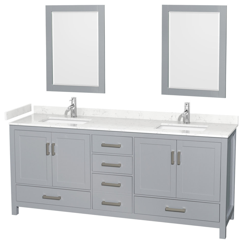 80"DBL Bathroom Vanity Gray, Carrara Cult. Marble Countertop, Sinks, 24" Mirrors