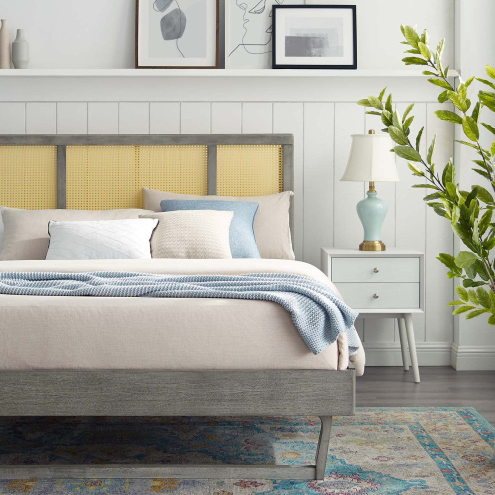 Kelsea Cane and Wood Full Platform Bed With Angular Legs MOD-6695-GRY