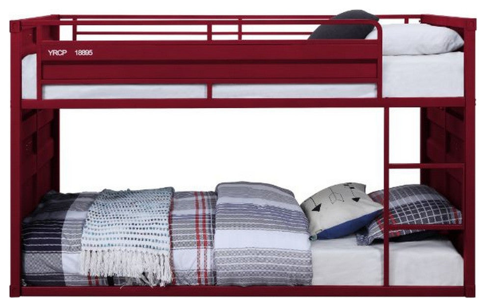 Benzara BM261753 Twin Over Twin Bunk Bed With Metal Frame and Cargo Theme, Red