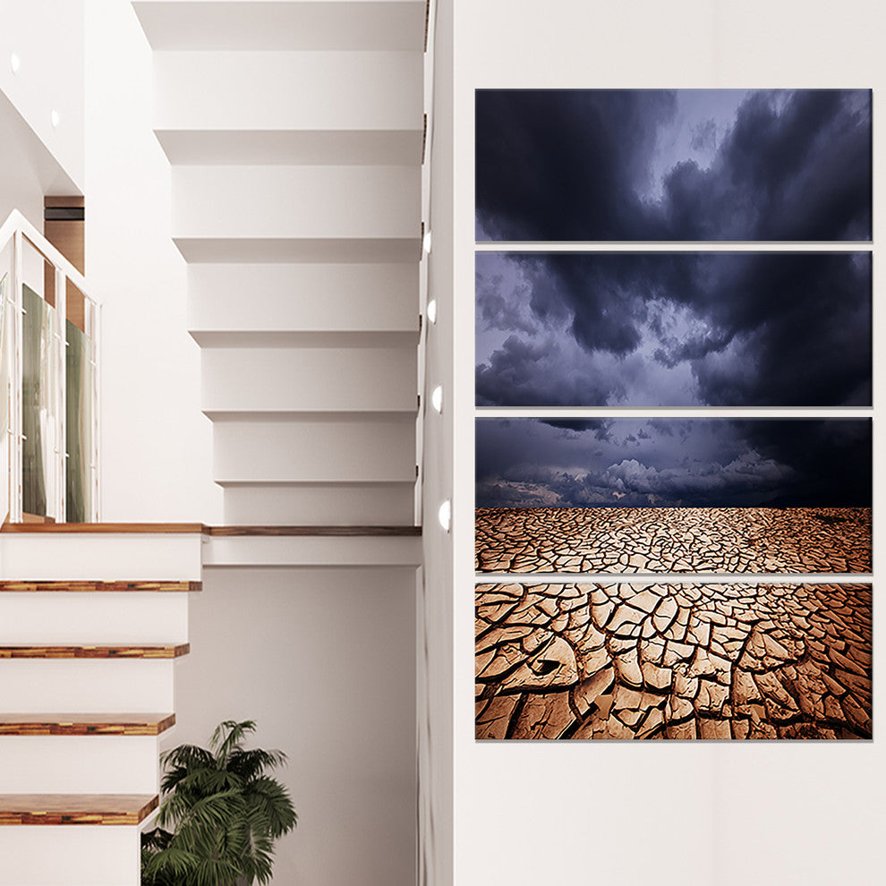 Dramatic Cloudy Sky over Drought Land, Landscape Canvas Art, 28"x48", 4 Panels