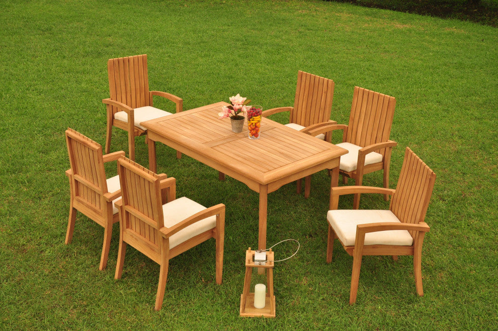 7-Piece Outdoor Teak Dining Set: 60" Rectangle Table,6 Goa Stacking Arm Chairs