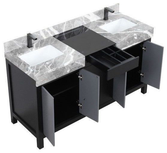 Zilara 60" Black and Grey Double Vanity, Balzani Gun Metal Faucet Set
