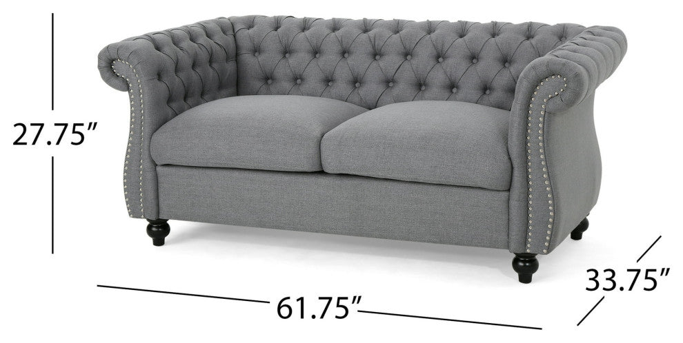 Chesterfield Loveseat, Birchwood Legs With Tufted Back & Rolled Arms, Dark Gray