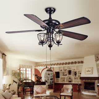 Mirabelle 3-Light, 5-Blade Black Metal and Crystal Lighted Ceiling Fan, 52"