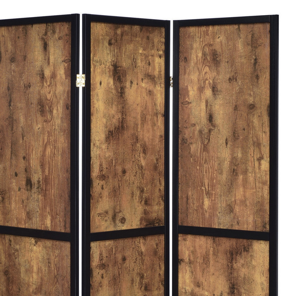 Benzara BM242727 4 Panel Screen With Grain Details and Knots, Brown and Black