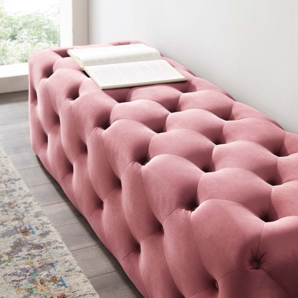 Tufted Accent Chair Bench, Velvet, Pink, Modern, Living Lounge Hotel Hospitality