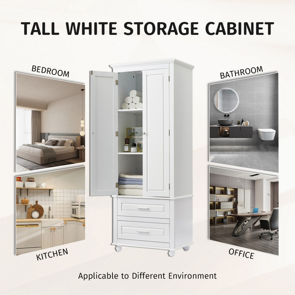 63" Tall Wood 2-door Bath Cabinet, White, Adjustable Shelf