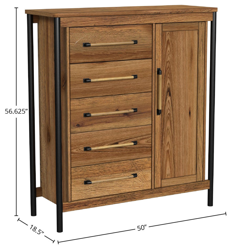 Norcross 5-Drawer Rubberwood Chest, Hickory