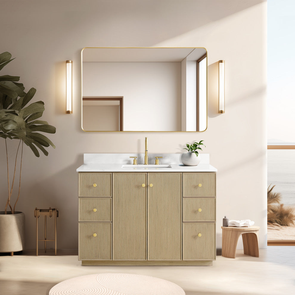 Oza Bath Vanity with Quartz Stone Top, Aged Natural Oak, 48", Single Vanity, With Mirror
