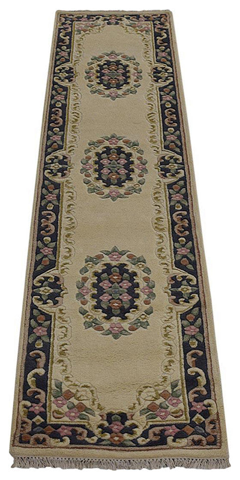 Hand Knotted Aras Wool Area Rug Oriental Ivory Blue