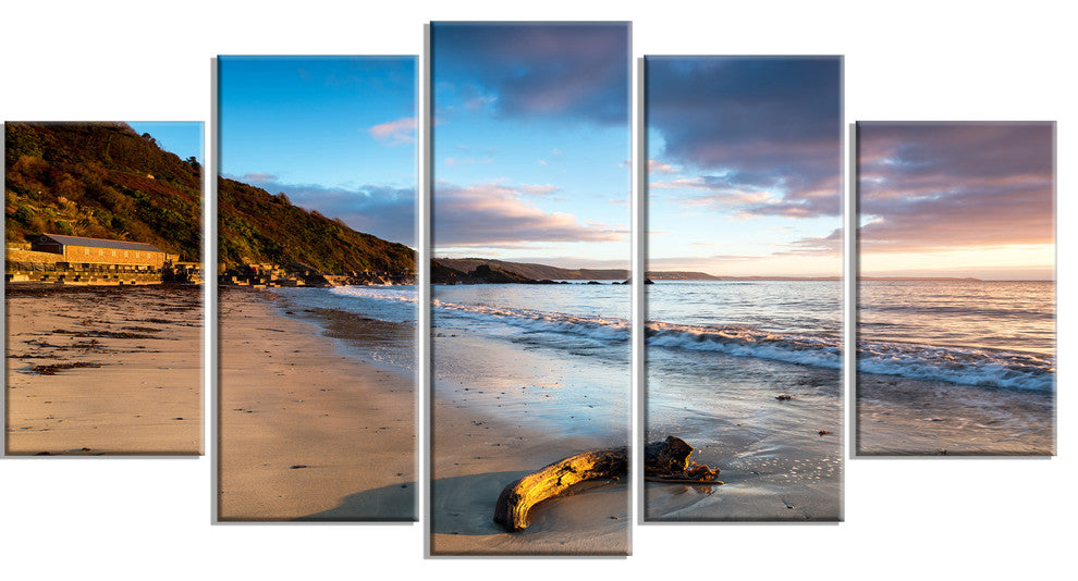 "Looe Cornwall Beach At Sunrise" Modern Beach Wall Art, 5 Panels, 60"x32"
